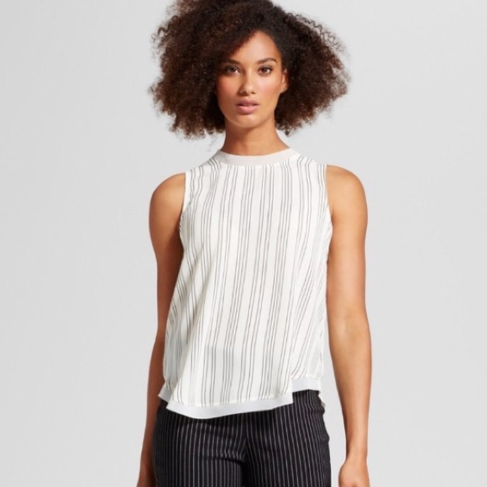 WhoWhatWear Chiffon-Trim Stripe Sleeveless Top